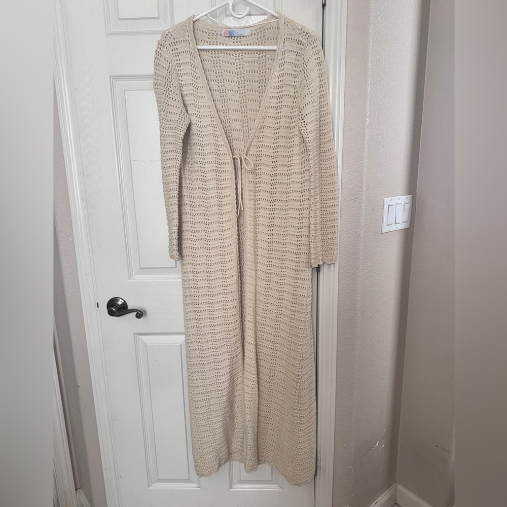 Free People Elegant Maxi Cream Crochet Cardigan w/ front tie